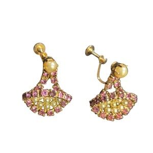 Vintage Screw Back Earrings With Pink & Cream Rhinestones Estate Dangle